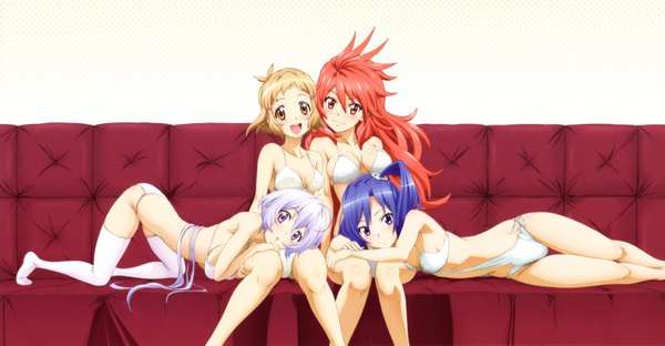 Anime picture 6982x3636 with senki zesshou symphogear satelight yukine chris kazanari tsubasa amou kanade long hair blush highres breasts open mouth light erotic blonde hair red eyes wide image purple eyes multiple girls brown eyes blue hair absurdres white hair