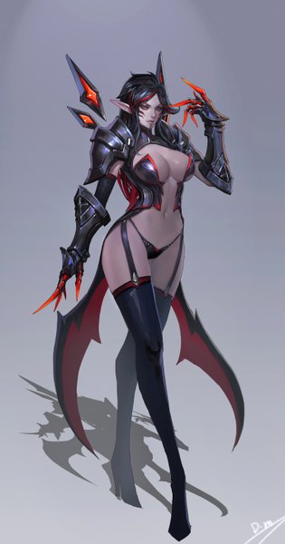 Anime picture 3000x5706 with kill la kill original studio trigger smjim1986 single long hair tall image highres breasts light erotic black hair simple background large breasts signed looking away full body multicolored hair pointy ears grey background two-tone hair