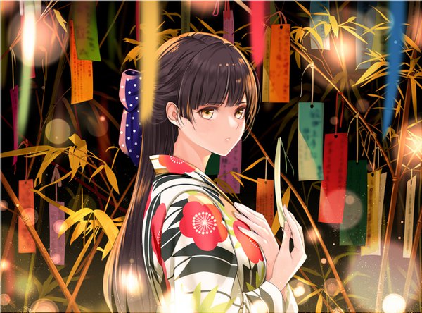 Anime picture 1236x915 with original giba (out-low) single long hair fringe black hair brown eyes looking away upper body traditional clothes japanese clothes tanabata girl bow hair bow kimono
