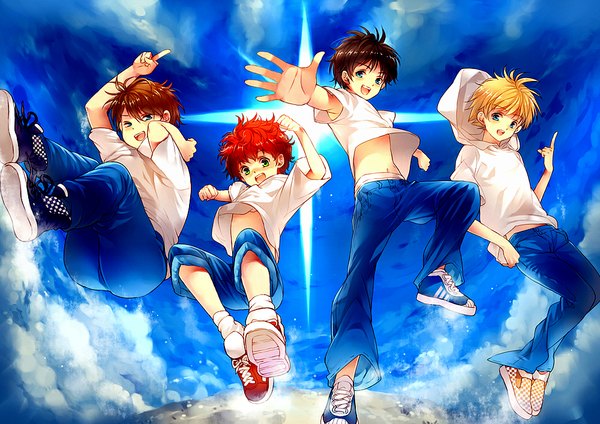 Anime picture 1000x707 with south park eric theodore cartman kenny mccormick kyle broflovski stanley randall marsh saru (pixiv 1267140) short hair open mouth blue eyes blonde hair brown hair green eyes cloud (clouds) red hair sunlight happy jumping boy sun sneakers