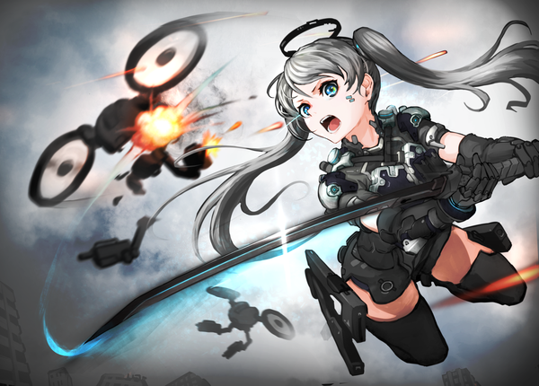 Anime picture 3364x2414 with original asagon007 single long hair looking at viewer fringe highres open mouth blue eyes hair between eyes twintails holding absurdres cloud (clouds) outdoors grey hair floating hair flying fighting stance battle