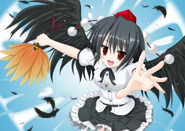 Anime picture 1134x802 with touhou shameimaru aya nuenue blush short hair open mouth black hair red eyes girl dress hat wings feather (feathers) fan hauchiwa