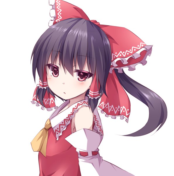 Anime picture 1075x1086 with touhou hakurei reimu kou89 single long hair tall image looking at viewer blush fringe open mouth black hair simple background hair between eyes red eyes twintails upper body ponytail traditional clothes parted lips japanese clothes