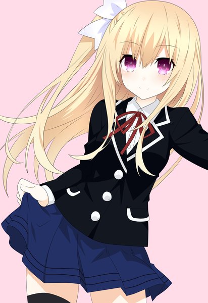 Anime picture 2031x2952 with date a live mayuri (date a live) cui qing single long hair tall image blush fringe highres simple background blonde hair smile hair between eyes purple eyes looking away one side up pink background girl thighhighs uniform
