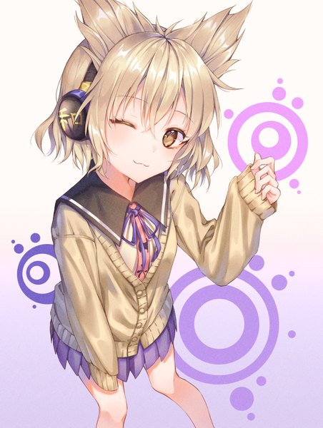 Anime picture 1600x2122 with touhou toyosatomimi no miko cha chya single tall image looking at viewer blush fringe short hair blonde hair smile hair between eyes standing yellow eyes bent knee (knees) head tilt pleated skirt one eye closed from above wink