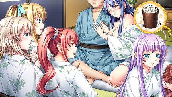 Anime picture 1024x576 with papa love 2kenme blush blue eyes light erotic blonde hair wide image multiple girls yellow eyes blue hair game cg purple hair ponytail red hair japanese clothes side ponytail girl boy kimono 5 girls