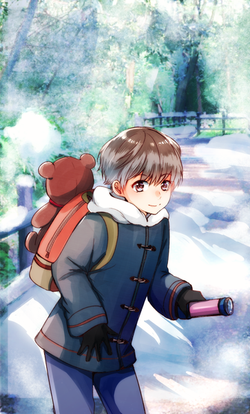 Anime picture 1000x1652 with original pochi (iasoreil) single tall image looking at viewer fringe short hair smile hair between eyes brown hair standing holding brown eyes outdoors long sleeves winter snow boy gloves black gloves