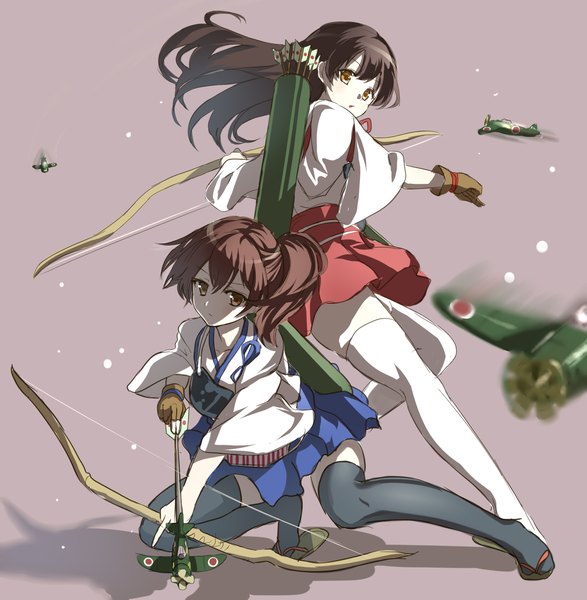 Anime picture 2300x2350 with kantai collection kaga aircraft carrier akagi aircraft carrier arudehido long hair tall image looking at viewer highres simple background brown hair multiple girls brown eyes ponytail looking back shadow squat girl thighhighs skirt gloves