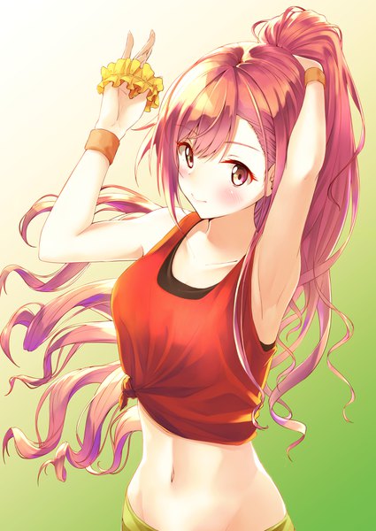 Anime picture 2580x3643 with idolmaster idolmaster shiny colors arisugawa natsuha megurumiru single long hair tall image looking at viewer blush fringe highres breasts simple background hair between eyes standing brown eyes upper body ponytail red hair arms up