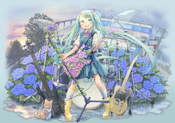 Anime picture 2088x1468 with vocaloid hatsune miku kuinji 51go single long hair blush fringe highres open mouth smile standing twintails holding sky cloud (clouds) aqua eyes aqua hair teeth wet evening