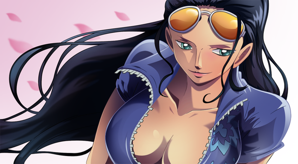 Anime picture 1000x551 with one piece toei animation nico robin choparini single long hair breasts light erotic black hair smile wide image large breasts aqua eyes coloring pink background girl petals sunglasses