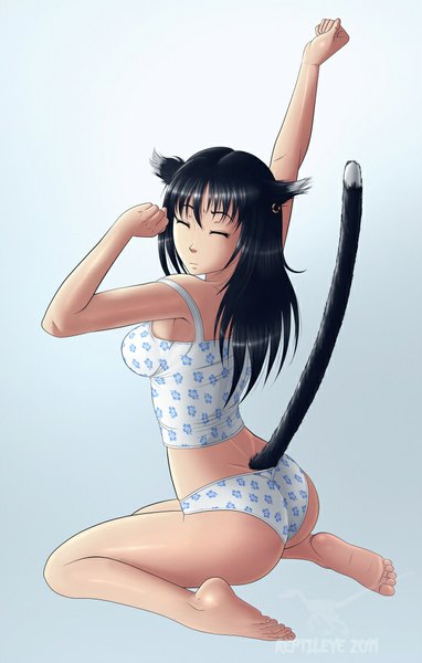 Anime picture 638x1000 with original reptileye (artist) single long hair tall image light erotic black hair animal ears tail eyes closed animal tail cat ears cat girl cat tail underwear only girl underwear panties earrings t-shirt