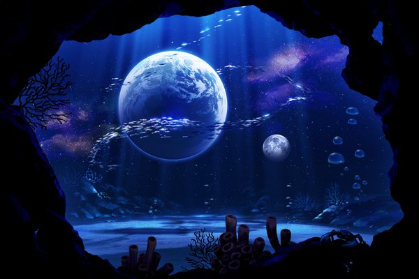 Anime picture 1440x961 with original mocha (cotton) light underwater plant (plants) water star (stars) bubble (bubbles) fish (fishes) planet coral