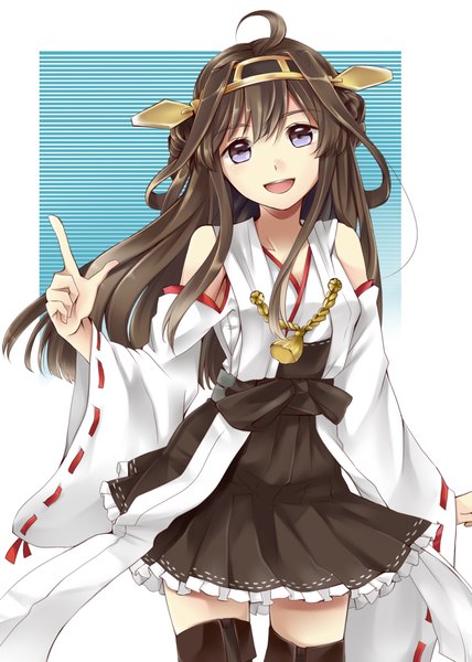 Anime picture 960x1344 with kantai collection kongou battleship richard (ri39p) single long hair tall image brown hair purple eyes ahoge traditional clothes nontraditional miko girl hair ornament detached sleeves thigh boots