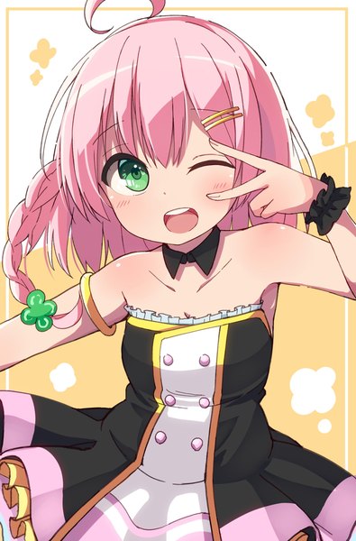 Anime picture 2329x3541 with original okota mikan single long hair tall image highres open mouth smile bare shoulders green eyes pink hair ahoge braid (braids) one eye closed wink victory side braid girl dress detached collar