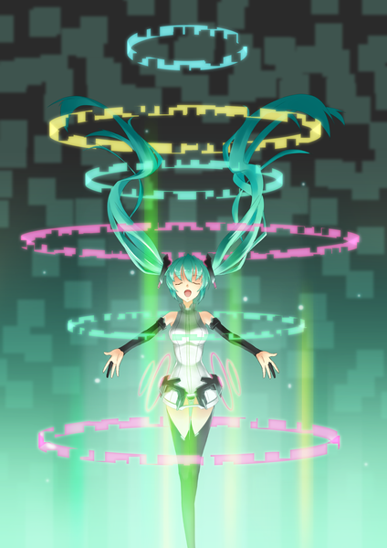 Anime picture 2480x3507 with vocaloid vocaloid append hatsune miku hatsune miku (append) ame no uta (aria-rain) single tall image highres open mouth twintails eyes closed very long hair aqua hair light spread arms singing girl thighhighs black thighhighs