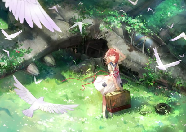 Anime picture 1200x855 with original cotta single long hair pink hair one eye closed pink eyes wind wink broken girl dress ribbon (ribbons) plant (plants) animal bird (birds) grass aircraft airplane pigeon