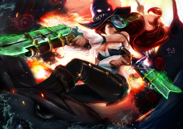 Anime picture 1920x1357 with league of legends miss fortune (league of legends) fizz (league of legends) tagme (artist) long hair highres breasts light erotic large breasts green eyes red hair orange hair battle curly hair pirate girl boy weapon hat animal