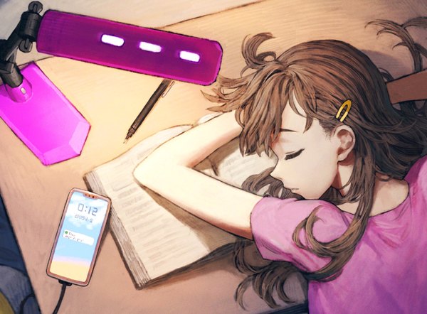 Anime picture 1657x1222 with original jun (seojh1029) single long hair brown hair eyes closed sleeping cropped girl hairclip book (books) table mobile phone smartphone lamp