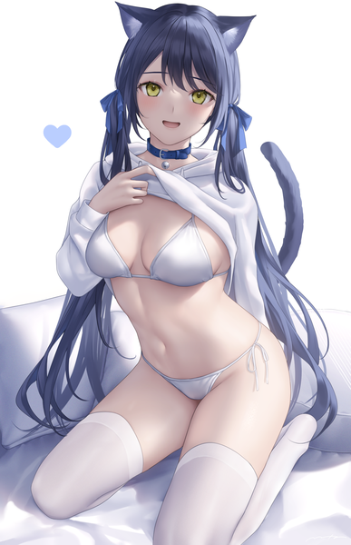Anime picture 1955x3034 with original mhru single long hair tall image looking at viewer blush fringe highres breasts open mouth light erotic black hair simple background smile large breasts white background sitting twintails animal ears