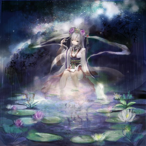 Anime picture 1600x1600 with original nanase miri single long hair fringe breasts sitting looking away silver hair traditional clothes reflection rain girl hair ornament flower (flowers) water pendant star (stars) water lily