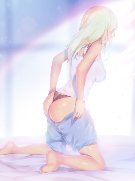 Anime picture 3000x4000 with original a.x. single long hair tall image highres breasts light erotic blonde hair large breasts bare shoulders full body ass indoors profile barefoot sunlight blurry shiny skin soles