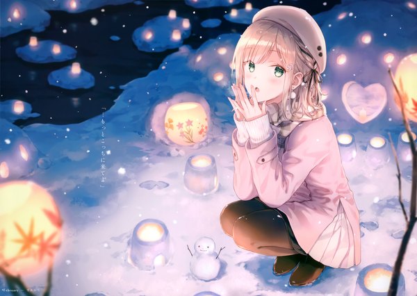 Anime picture 4843x3439 with original hashimoto sana hiten (hitenkei) single looking at viewer blush fringe highres short hair open mouth blonde hair green eyes absurdres full body outdoors long sleeves fingernails from above blurry scan