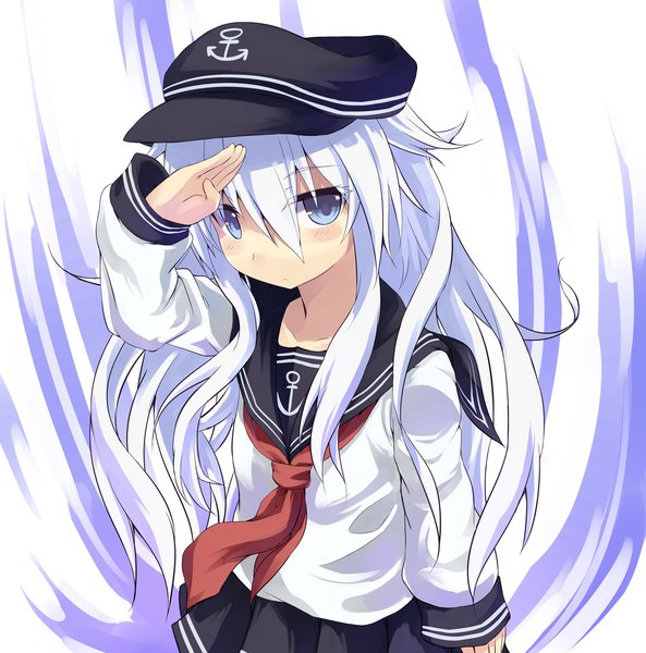 Anime picture 3000x3035 with kantai collection hibiki destroyer nomalandnomal single long hair tall image looking at viewer blush fringe highres hair between eyes standing silver hair long sleeves head tilt pleated skirt arm up silver eyes salute girl