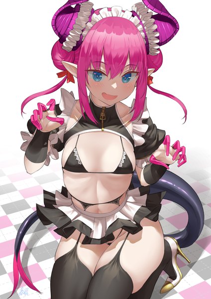 Anime picture 992x1403 with fate (series) fate/grand order elizabeth bathory (fate) (all) elizabeth bathory (fate) uo denim single tall image looking at viewer blush fringe short hair breasts open mouth blue eyes light erotic simple background smile hair between eyes white background sitting