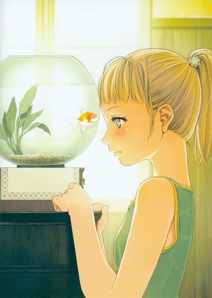 Anime picture 2475x3478 with original tnk (yoshida seiji) - fleurette yoshida seiji single long hair tall image blush fringe highres blonde hair ponytail profile aqua eyes girl plant (plants) water fish (fishes) goldfish aquarium