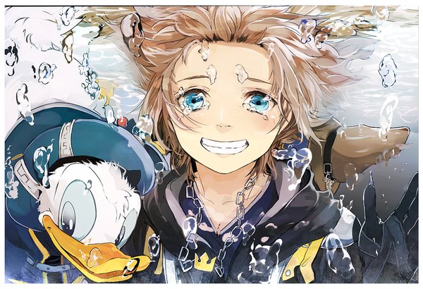 Anime picture 1085x742 with kingdom hearts square enix disney sora (kingdom hearts) donald duck sora (artist) single looking at viewer blush short hair smile brown hair aqua eyes teeth tears border underwater crying boy gloves