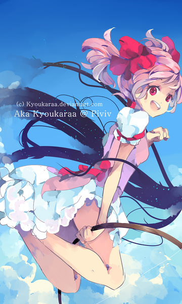 Anime picture 700x1167 with mahou shoujo madoka magica shaft (studio) kaname madoka kyoukaraa single long hair tall image looking at viewer open mouth twintails pink hair sky cloud (clouds) pink eyes looking back sunlight short sleeves puffy sleeves happy flying