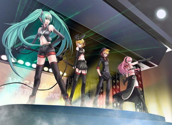 イラスト 2200x1600 と ボーカロイド 初音ミク 巡音ルカ 鏡音リン 鏡音レン rotix 長髪 highres 金髪 ツインテール multiple girls 緑の目 ピンク髪 green hair group hands in pockets 女の子 ストッキング 男性 手袋