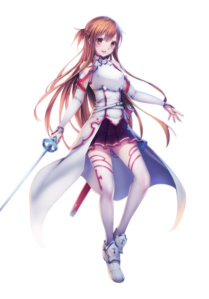 Anime picture 1445x2069 with sword art online a-1 pictures yuuki asuna pen (steelleets) single long hair tall image blush simple background brown hair white background brown eyes girl thighhighs skirt weapon detached sleeves miniskirt white thighhighs sword