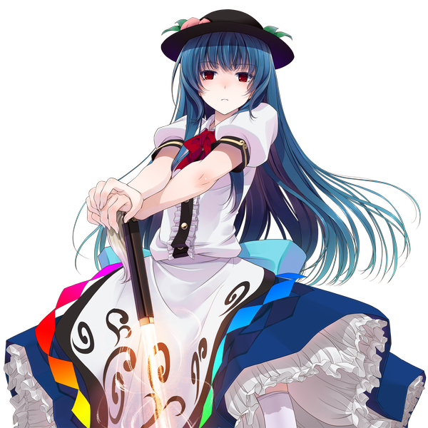 Anime picture 1470x1470 with touhou hinanawi tenshi crote single long hair red eyes blue hair transparent background girl dress weapon hat sword hisou no tsurugi