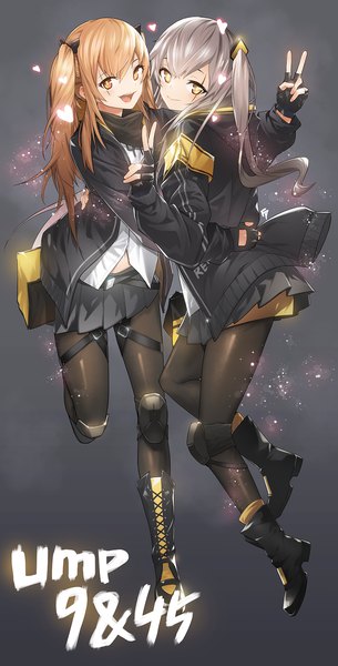 Anime picture 1000x1968 with girls frontline ump45 (girls frontline) ump9 (girls frontline) fpanda long hair tall image looking at viewer open mouth smile twintails multiple girls yellow eyes full body long sleeves pleated skirt arm up grey hair orange hair grey background orange eyes