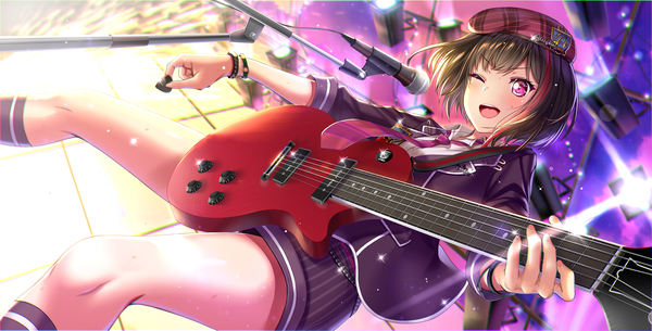 Anime picture 1967x1000 with bang dream! mitake ran arudehido single looking at viewer blush fringe highres short hair open mouth black hair wide image standing holding one eye closed pink eyes multicolored hair wink open jacket two-tone hair
