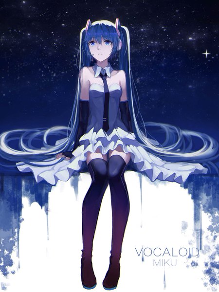 Anime picture 1200x1600 with vocaloid hatsune miku aiko (kanl) single tall image breasts blue eyes sitting twintails bare shoulders blue hair very long hair parted lips night night sky copyright name character names looking up girl dress
