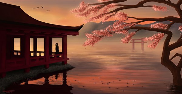 Anime picture 1000x519 with original tesorone single long hair wide image sky evening mountain landscape silhouette architecture lake east asian architecture flower (flowers) plant (plants) animal tree (trees) water bird (birds) building (buildings)