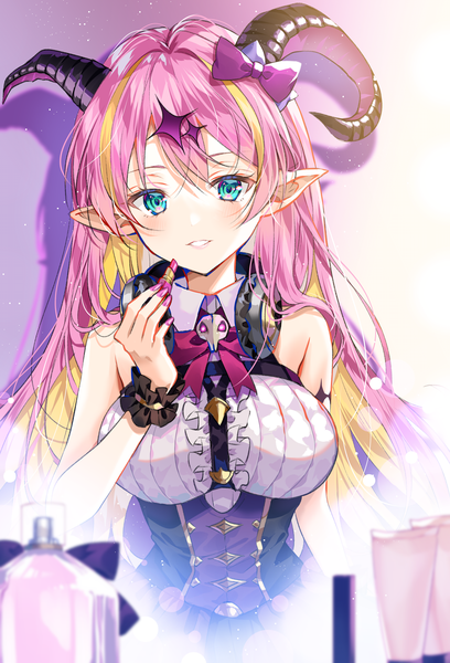 Anime picture 2508x3687 with virtual youtuber hololive mano aloe myusha single long hair tall image fringe highres hair between eyes pink hair upper body nail polish multicolored hair horn (horns) aqua eyes pointy ears two-tone hair shadow colored inner hair