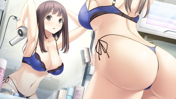 Anime picture 1280x720 with haru kiss giga shiraishi aoi mikoto akemi single long hair looking at viewer blush fringe breasts open mouth light erotic brown hair wide image large breasts brown eyes game cg cleavage ass bare belly
