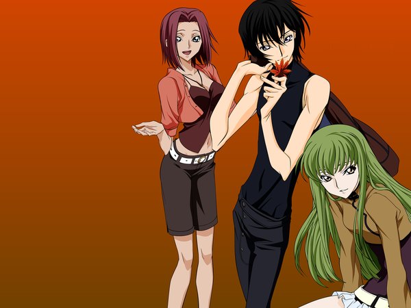 Anime picture 1600x1200 with code geass sunrise (studio) c.c. lelouch lamperouge kallen stadtfeld long hair looking at viewer fringe short hair open mouth blue eyes black hair purple eyes multiple girls cleavage red hair parted lips green hair light smile vector