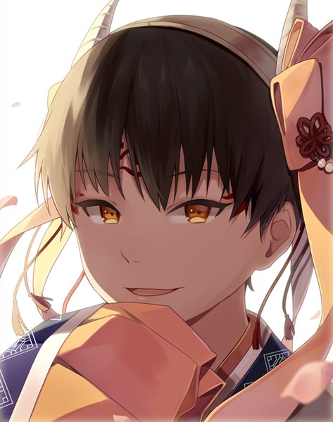 Anime picture 709x900 with hoozuki no reitetsu wit studio hakutaku (hoozuki no reitetsu) sal single tall image looking at viewer fringe short hair open mouth black hair hair between eyes white background traditional clothes horn (horns) orange eyes facial mark face boy