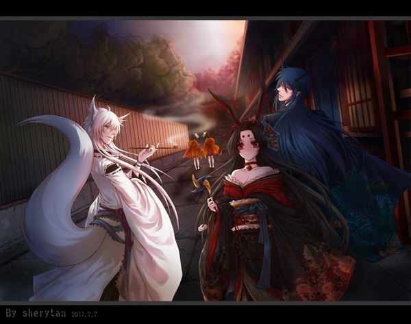 Anime picture 1869x1476 with original sherytan long hair blush fringe highres blue eyes black hair smile red eyes bare shoulders animal ears white hair tail very long hair traditional clothes japanese clothes animal tail looking back horn (horns)