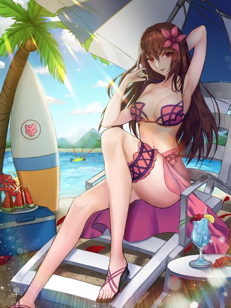 Anime picture 2932x3909 with fate (series) fate/grand order scathach (fate) (all) cu chulainn (fate) scathach (swimsuit assassin) (fate) twit eg0 long hair tall image looking at viewer fringe highres breasts open mouth light erotic hair between eyes red eyes brown hair large breasts sitting blue hair