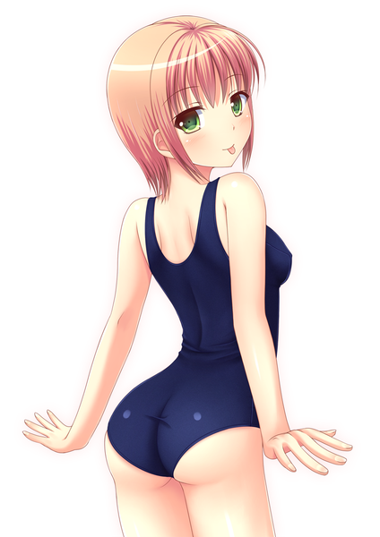 Anime picture 835x1181 with original kk-sk-ray single tall image looking at viewer blush short hair light erotic simple background white background green eyes orange hair girl swimsuit tongue one-piece swimsuit school swimsuit