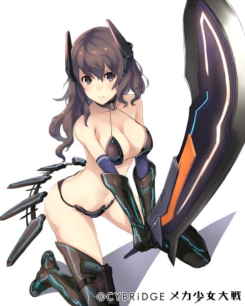 Anime picture 960x1200 with mecha shoujo taisen z keypot single long hair tall image looking at viewer breasts light erotic simple background brown hair white background bare shoulders brown eyes cleavage kneeling girl gloves navel weapon swimsuit