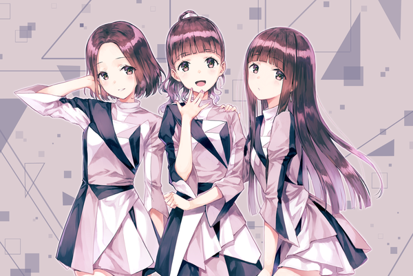 Anime picture 2000x1338 with perfume (group) ayano omoto (nocchi) yuka kashino (kashiyuka) ayaka ishiwaki (a-chan) hiten (hitenkei) long hair looking at viewer fringe highres short hair breasts open mouth smile multiple girls brown eyes purple hair ponytail head tilt puffy sleeves happy