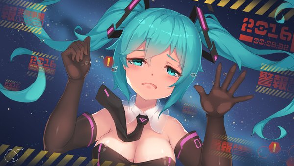 Anime picture 1920x1080 with vocaloid hatsune miku baozi zhongjie zhe single long hair looking at viewer fringe highres breasts open mouth light erotic hair between eyes wide image large breasts twintails cleavage aqua eyes aqua hair floating hair crying