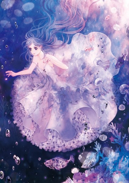 Anime picture 707x1000 with original kina (24 ch) single long hair tall image bare shoulders grey hair black eyes underwater girl dress frills bubble (bubbles) fish (fishes) jellyfish coral
